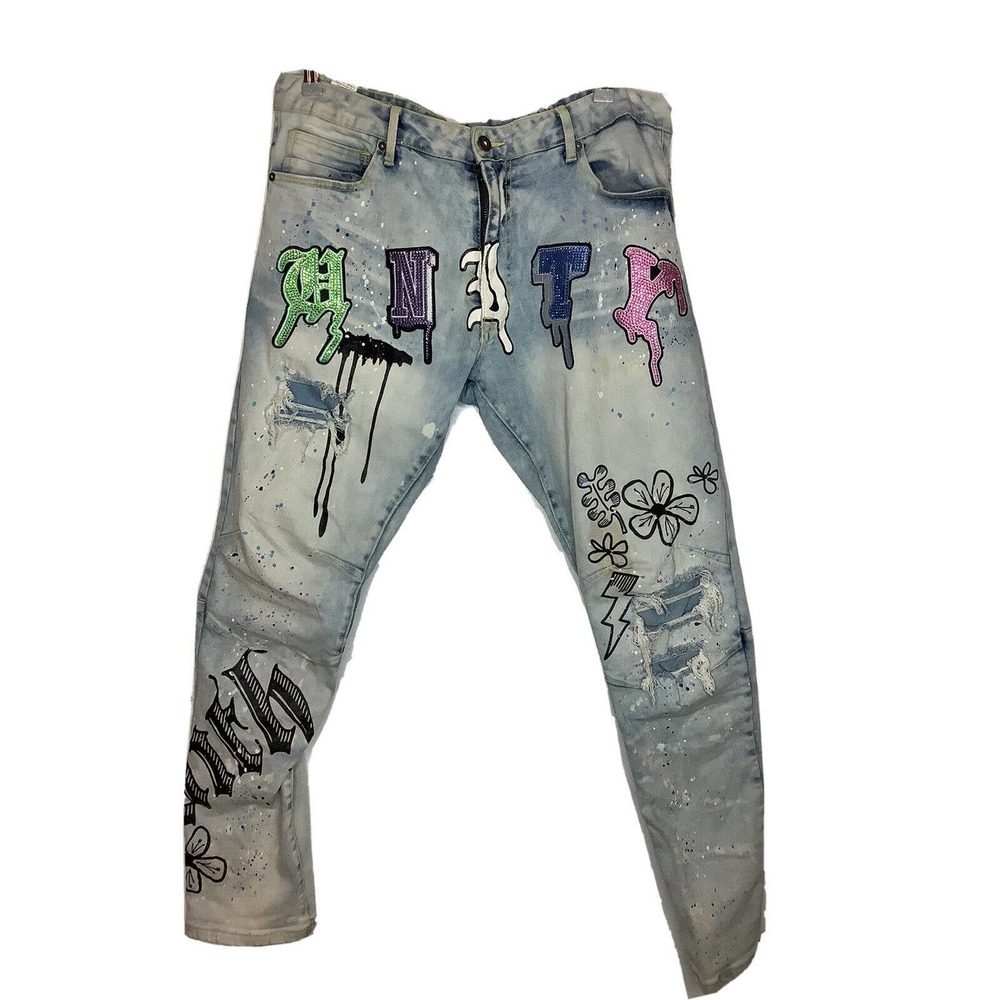 Smoke Rise Mens Sz 40/32 DISTRESSED Denim JEANS Studded Lettering